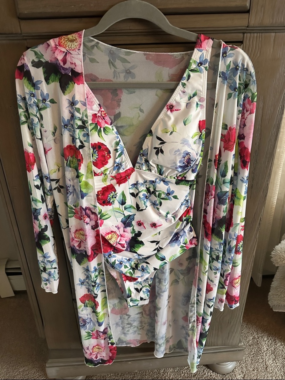 SHEIN White Floral Robe & Matching Bodysuit in Multi-Color Print